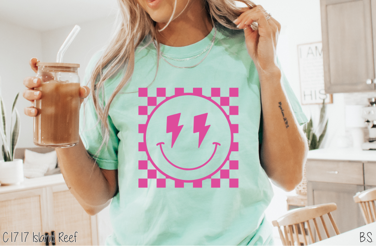 Lightning Bolt Checkered Smile Pink Puff #BS6815