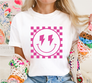 Lightning Bolt Checkered Smile Pink Puff #BS6815