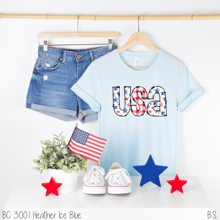 USA Watercolor Stars Gingham Outlined #BS3221